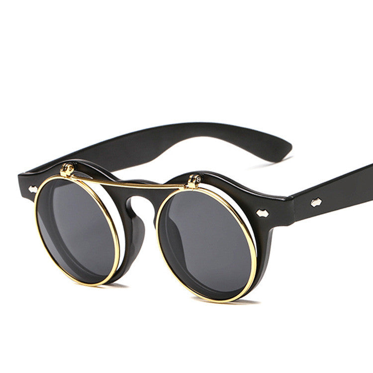 Sunglasses Women Brand Designer Retro Round Steampunk Steam Punk Metal Flip Cover Fashion Sun Glasses
