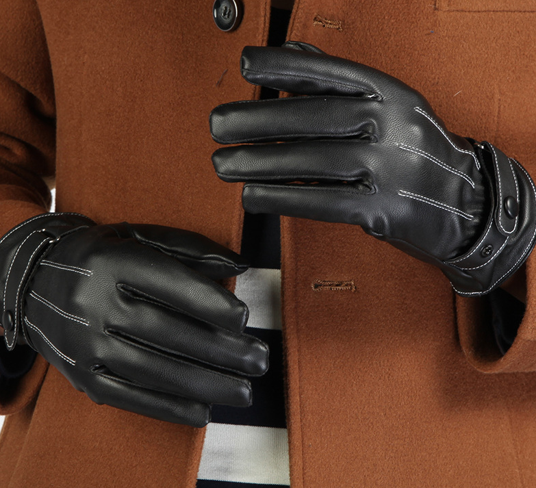 Winter plus velvet warm leather PU outdoor riding sports full touch screen three strips of leather gloves