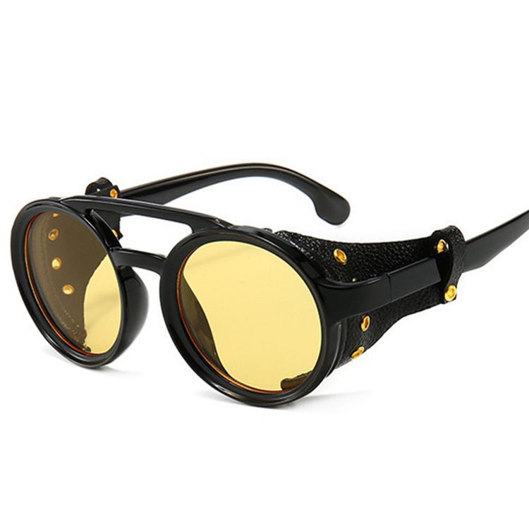 Retro Round Frame Punk Steam Sunglasses Personality Leather Case Sunglasses