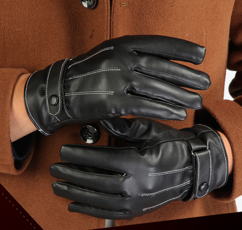 Winter plus velvet warm leather PU outdoor riding sports full touch screen three strips of leather gloves