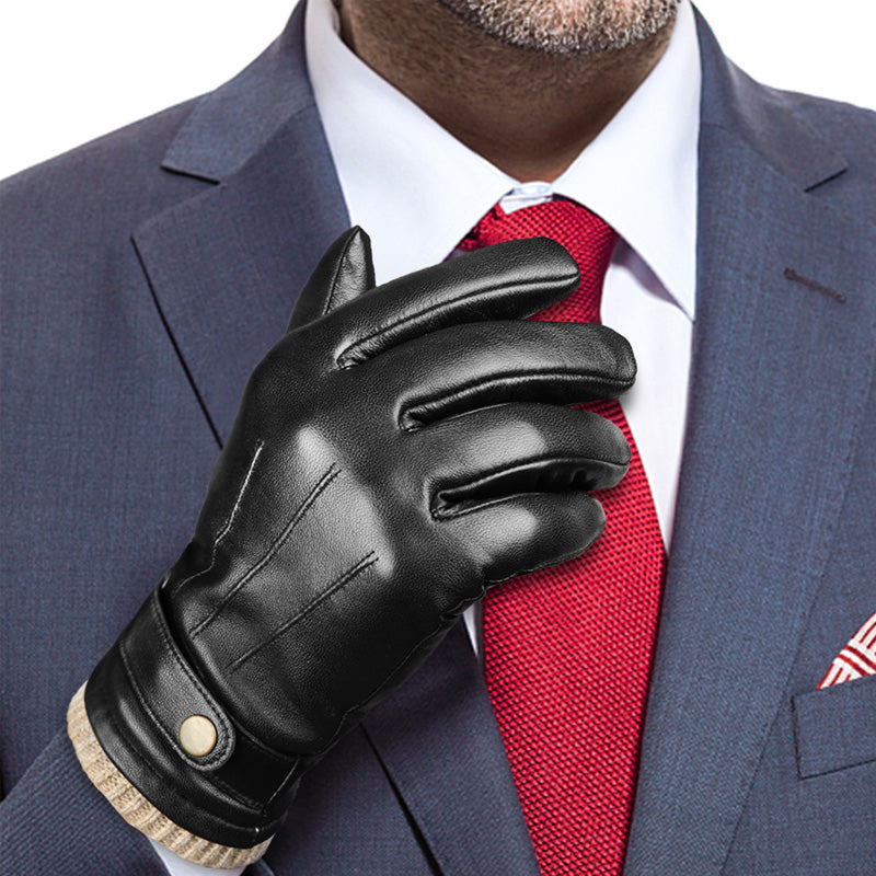 Men's Winter Plus Velvet Warm Gloves Genuine Leather Simple