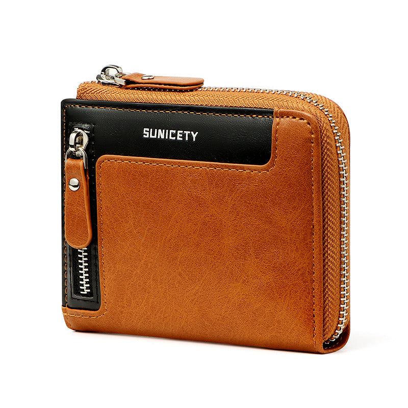 Men's Short Fashion Leather Zipper RFID Wallet