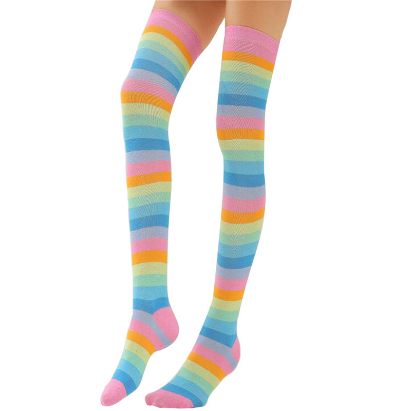 1 X Pair VONDA Womens Striped Thigh Knee High Long Rainbow Girls Socks Stocking