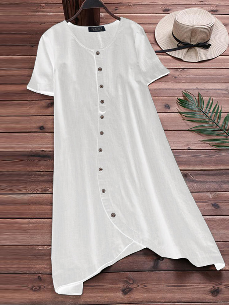 S-5XL Women Cotton Loose Short Sleeve Shirt Dress