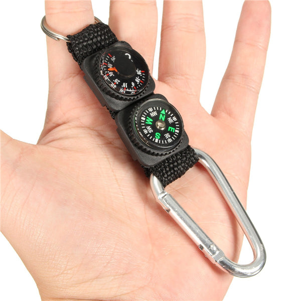 3 in 1 Survival Keychain Ring Camping Buckle Compass Thermometer Multifunctional