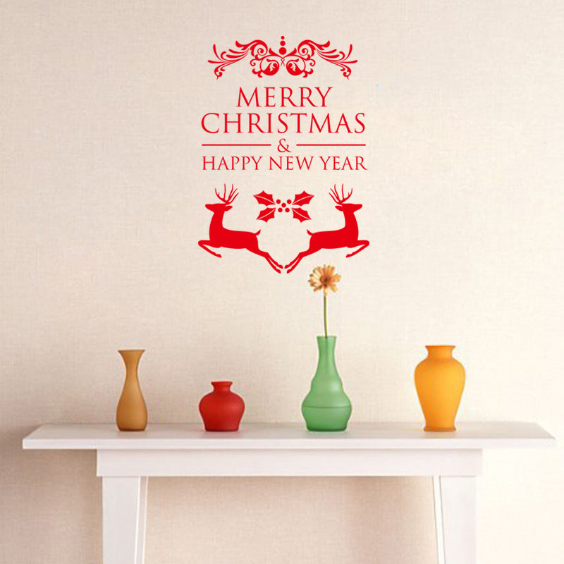 Happy New Year Merry Christmas Run Deer Vinyl Removable Paper Wall Sticker for Kids Room Living Room Bedroom Party Decorations Wall Decal Home Decor PVC Wall Decal