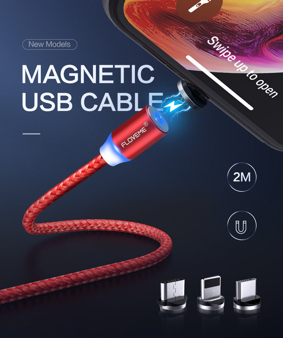 FLOVEME Micro USB LED Magnetic Braided Fast Charging Data Cable 2m For Redmi Note 5 Note 6 Pro S7
