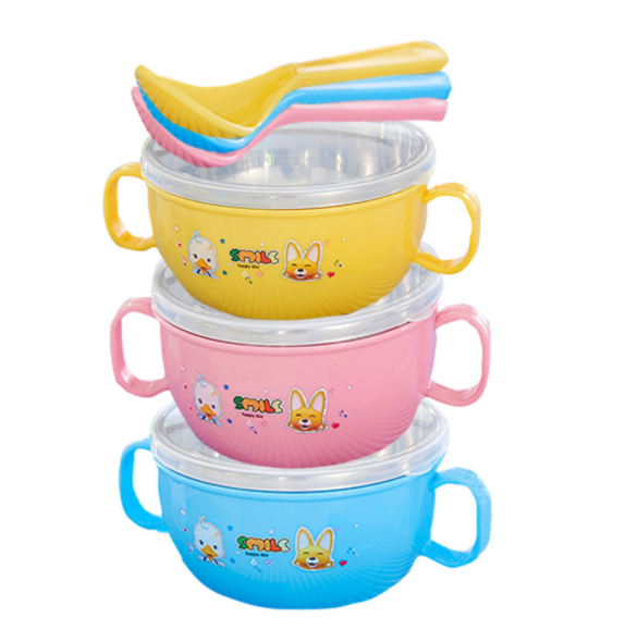 Baby cover with handle, stainless steel bowl, baby bowl, anti dropping PP two sets of cartoon heat insulation bowl