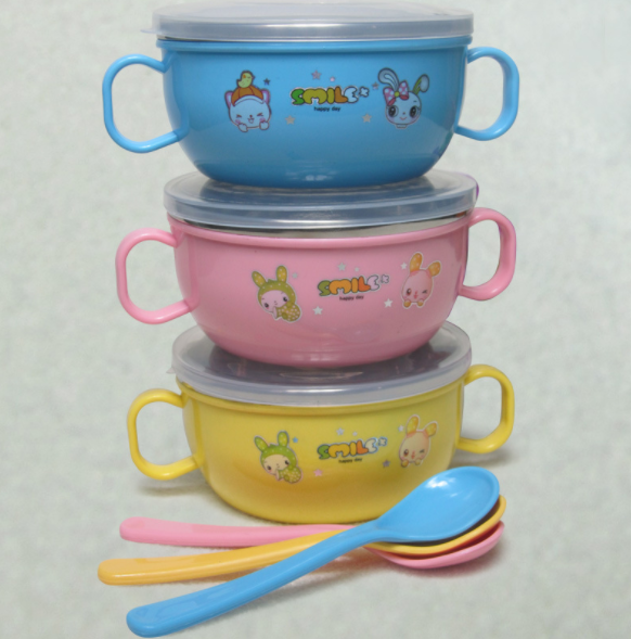 Baby cover with handle, stainless steel bowl, baby bowl, anti dropping PP two sets of cartoon heat insulation bowl