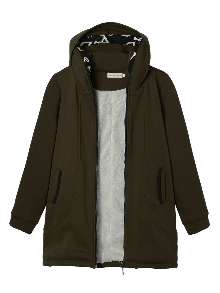 Slim Velvet Patchwork Pocket Long Zipper Hood Coat