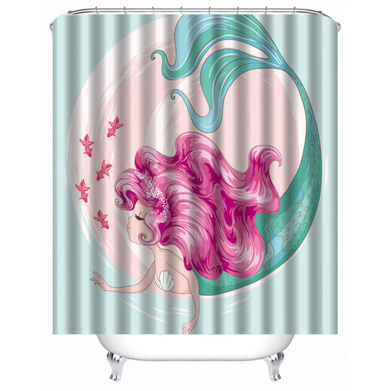 Pink Mermaid Shower Curtain Waterproof Fabric Bathroom Decor with 12 Hooks Cartoon Mermaid Wave Fish for Kids Adult
