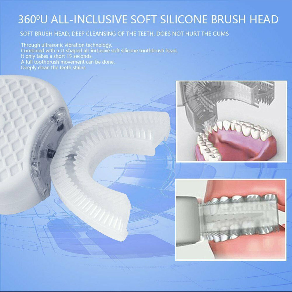 Ultrasonic Fully Automatic 360° Electric Toothbrush U-shaped LED Light Clean Teeth Whiten Oral Cleaning