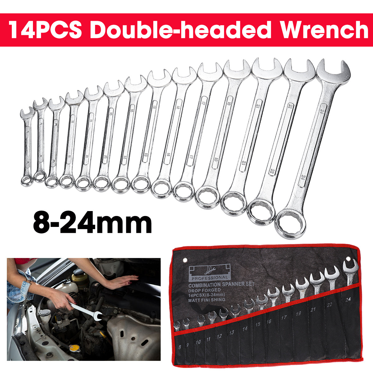 14pcs 8-24mm Chrome Vanadium Steel Metric Ratchet Spanner Wrench Fixed Head