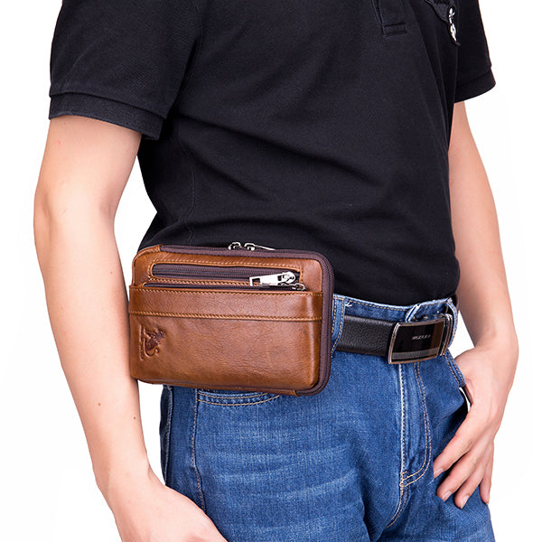 Men Genuine Leather Solid Waist Bag Shoulder Phone Bag Cross