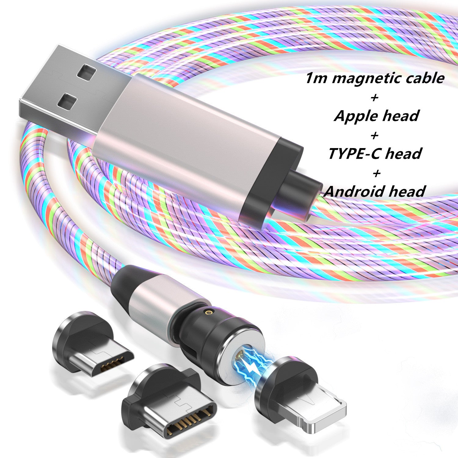 Compatible with Apple , Luminous Magnetic Data Cable Three-In-One 540 Degree Led Luminous Rotation