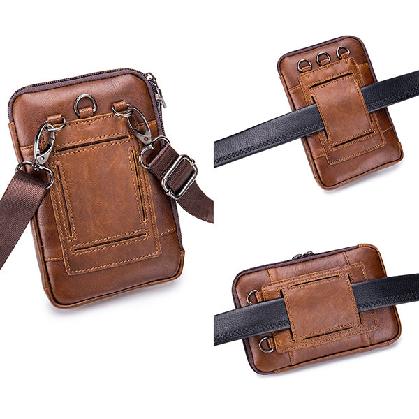 Men Genuine Leather Solid Waist Bag Shoulder Phone Bag Cross