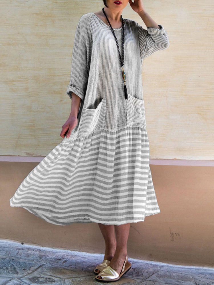 Women Stripe Patchwork Loose Casual Maxi Dress