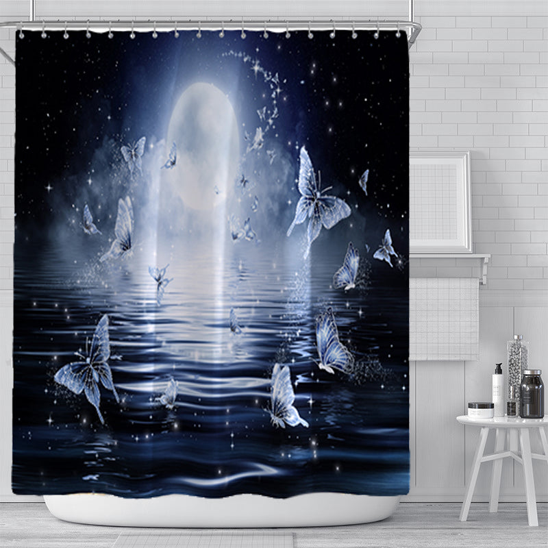 Waterproof Butterfly Printing Bathroom Shower Curtain Non-Slip Toilet Cover Mat Bathroom Rug Set for Bathroom Decor