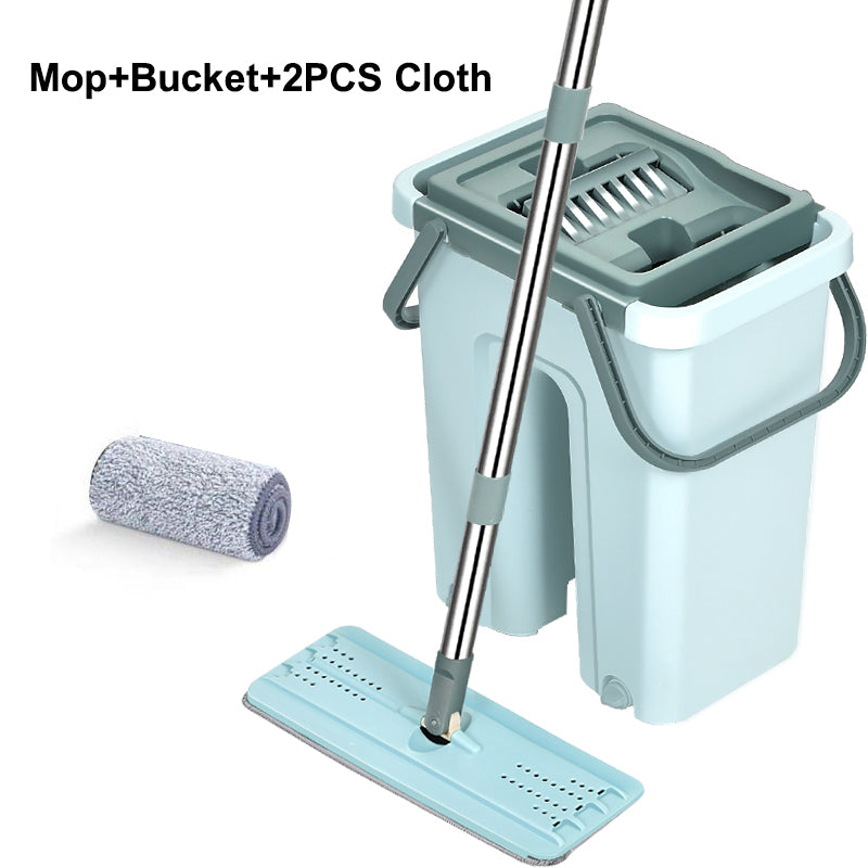 Retractable Flat Mop Bucket 2/6 Microfiber Pads Hands Free Self Cleaning