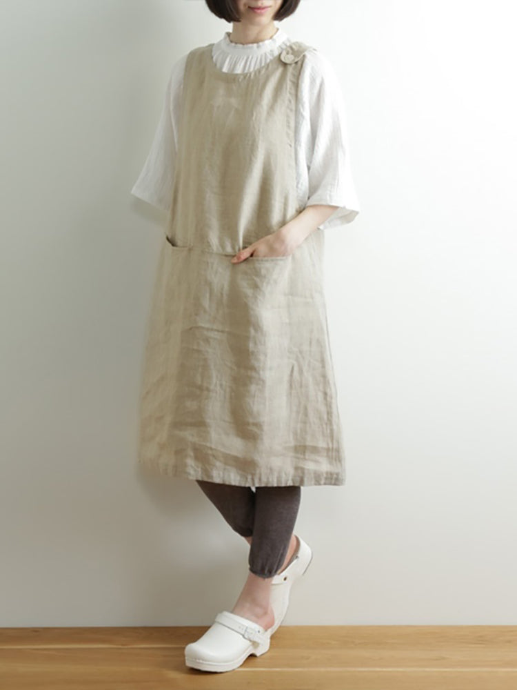 Women Solid Color Cotton Japanese Style Apron Dress