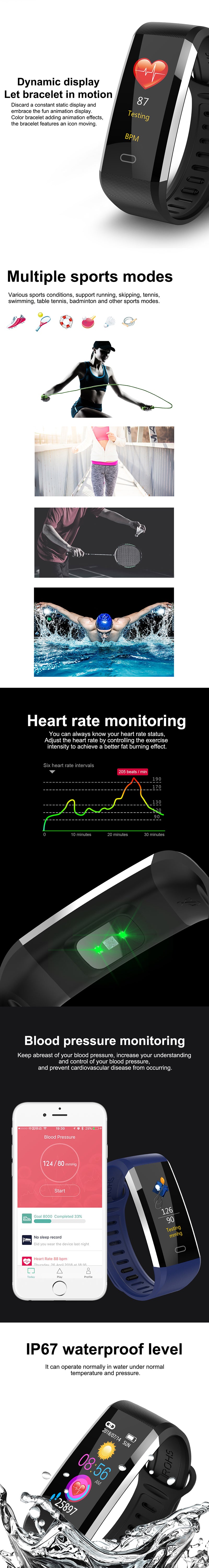 XANES WQ6 0.96" TFT Screen Waterproof Smart Watch Heart Rate Monitor Fitness Bracelet Mi Band