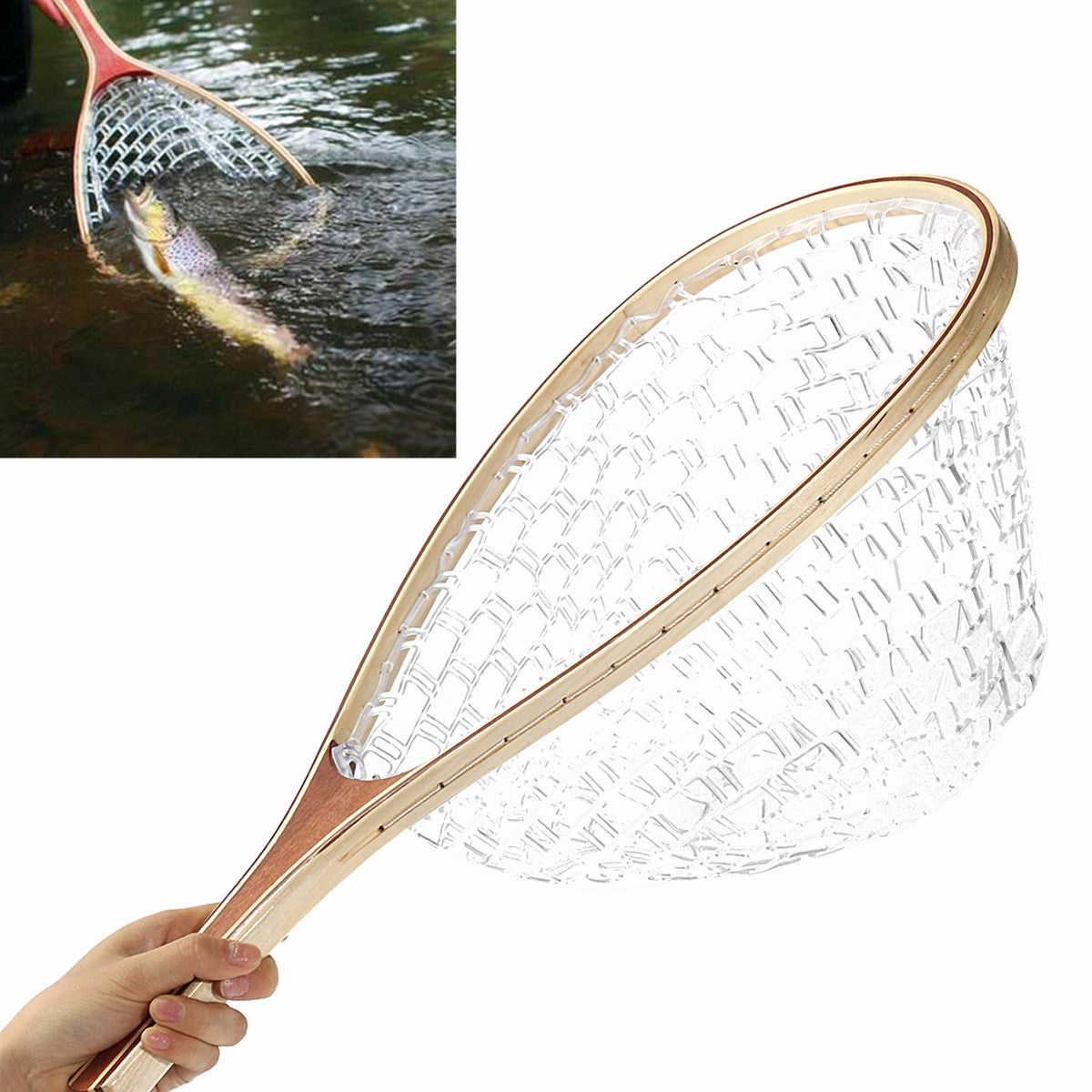 58CM Wooden Handle Fly Fish Fishing Landing Trout Clear Rubber Net Mesh Catch Tackle