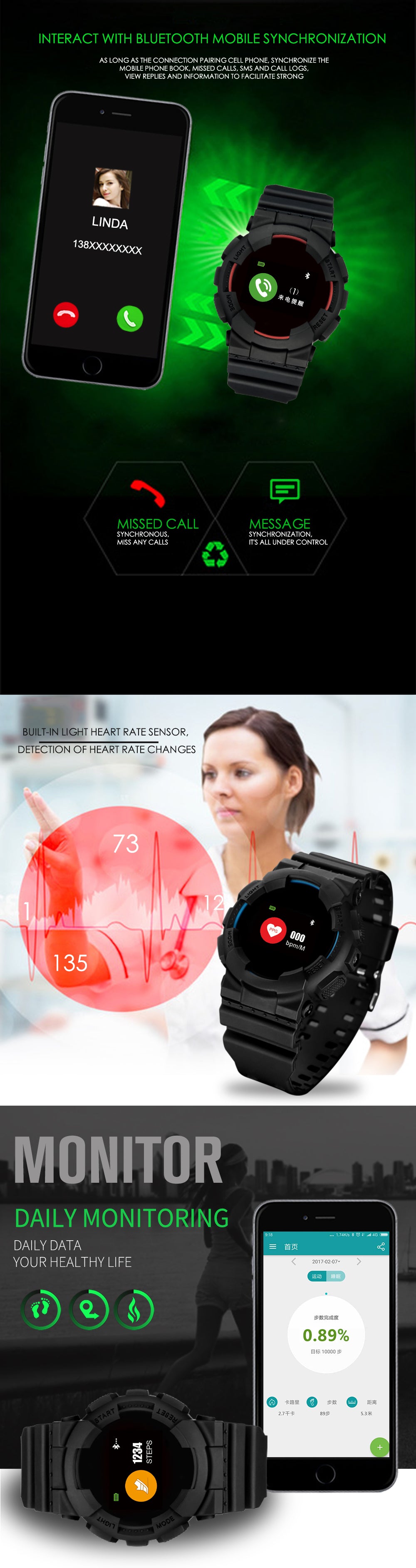 KALOAD MX Color Sreen Heart Rate Blood Pressure Monitor IP68 Waterproof Sports Smart Watch