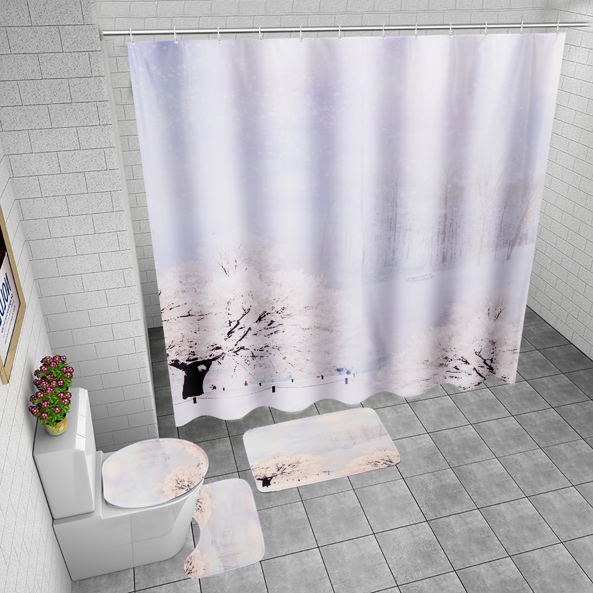 Shower Curtain Winter Landscape Paint Mat Decorative Waterproof Polyester Fabric Bathroom Curtain Set for Home Bath Decor