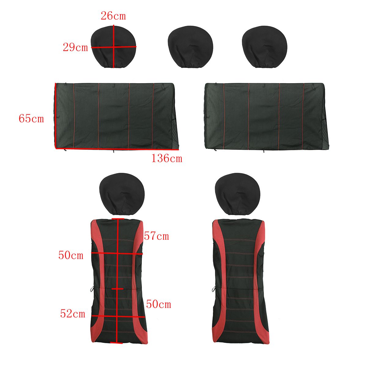 Universal Polyester Car Seat Cover Protector Full Set Front Back Headrest Red+Black