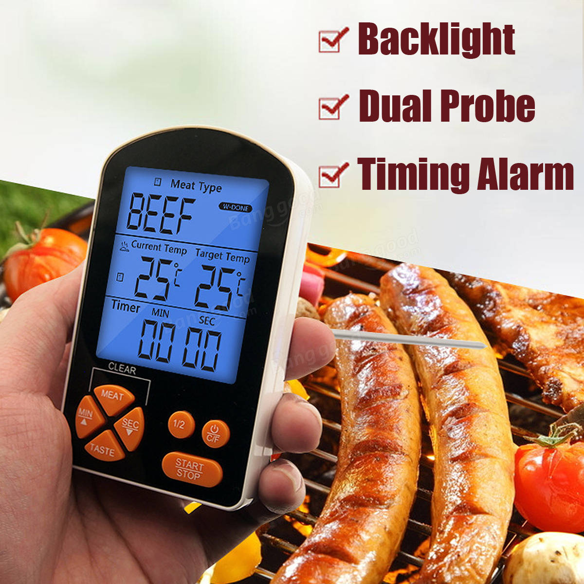 Outdoor BBQ Cooking Digital LCD Remote Thermometer with Built-in Timer Alarm AAA Battery