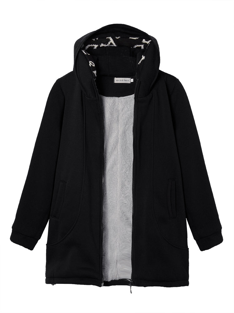 Slim Velvet Patchwork Pocket Long Zipper Hood Coat