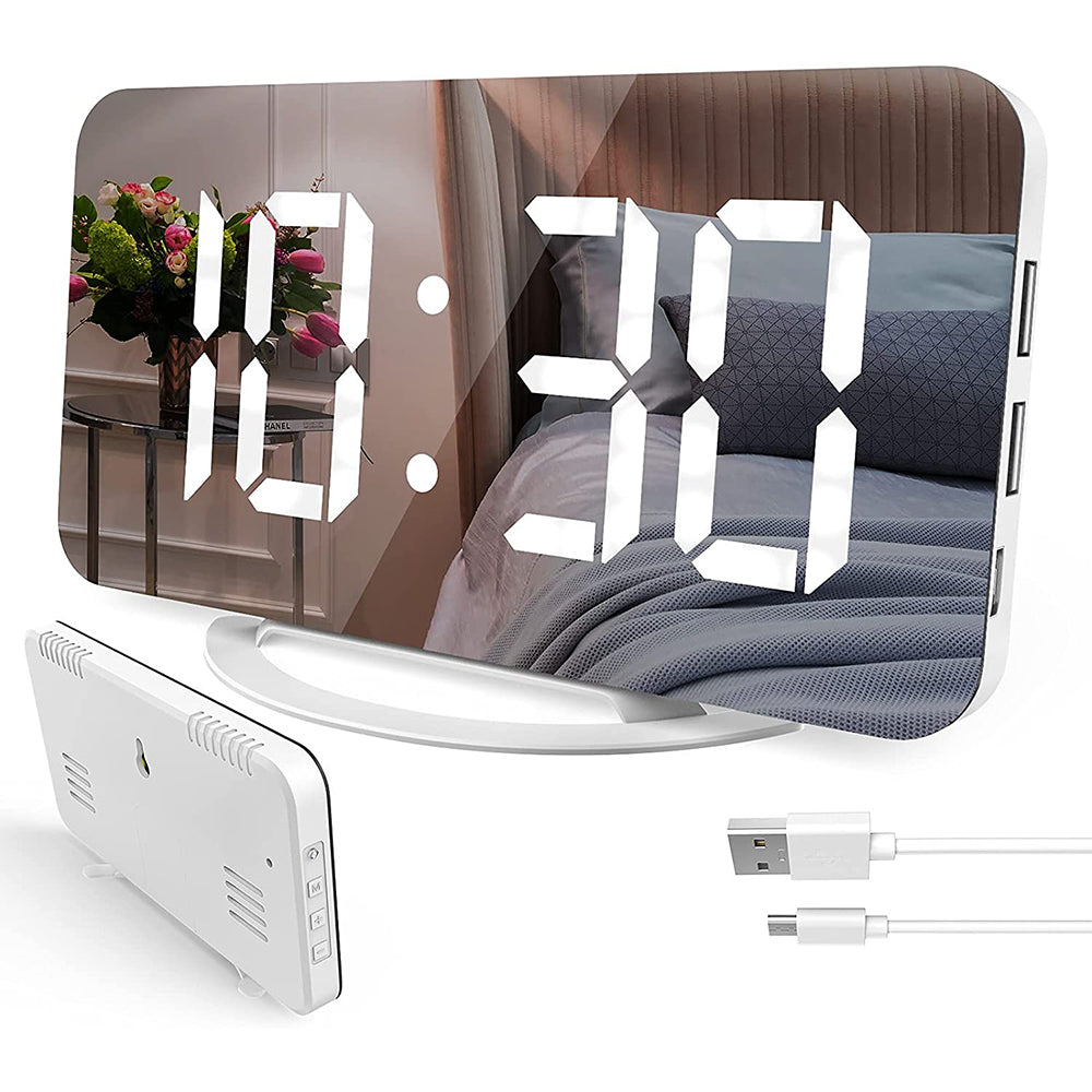 Digital Mirror Clock Dual USB Brightness Adjustable LED Display Table Alarm Dual USB Snooze Time Display For Home Office Bedroom