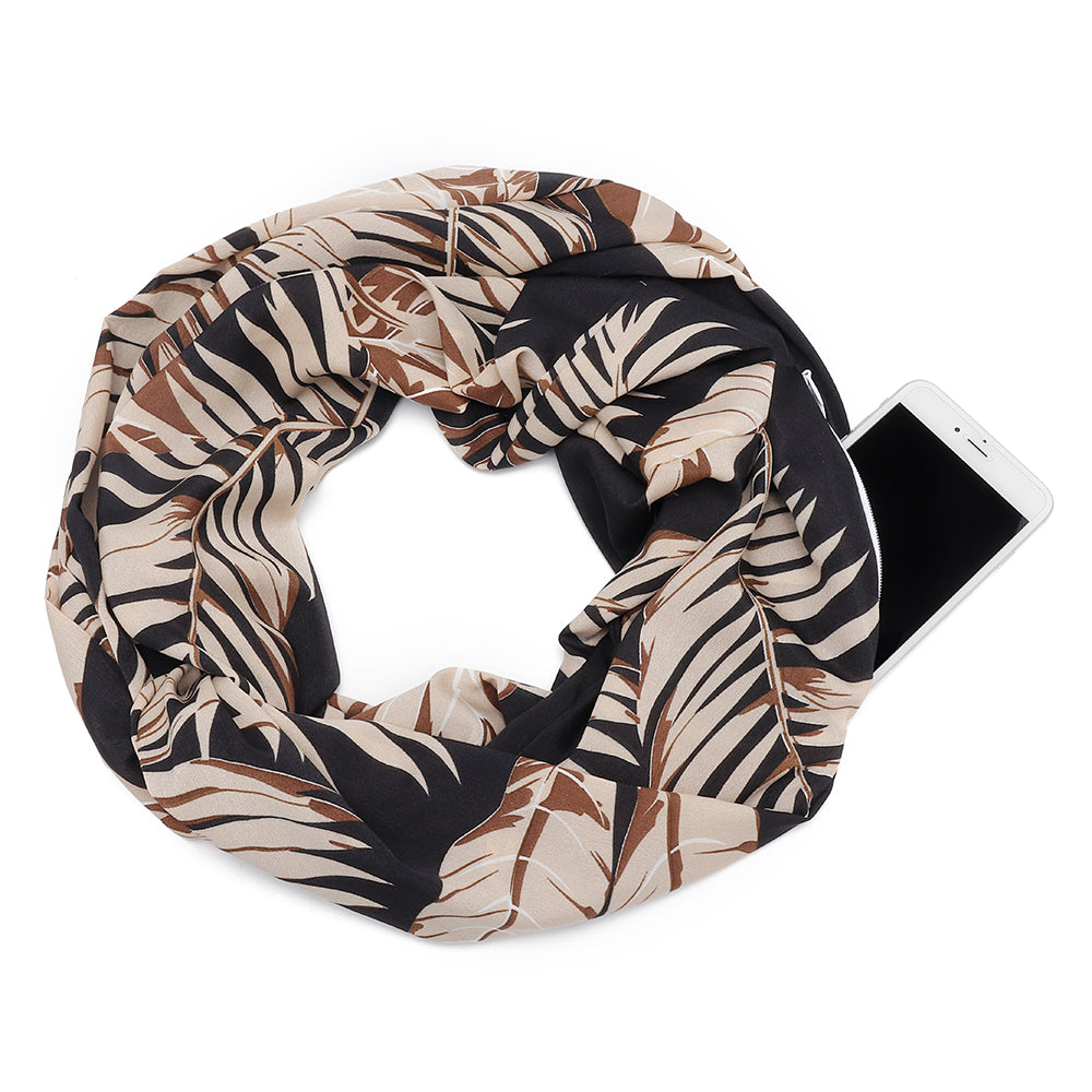 Unisex Hidden Zipper Pocket Flower Print Round Scarf