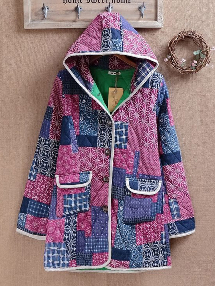 Ethnic Women Cotton Hooded Long Sleeve Pocket Button Patchwork Coat (Multicolor One Size)