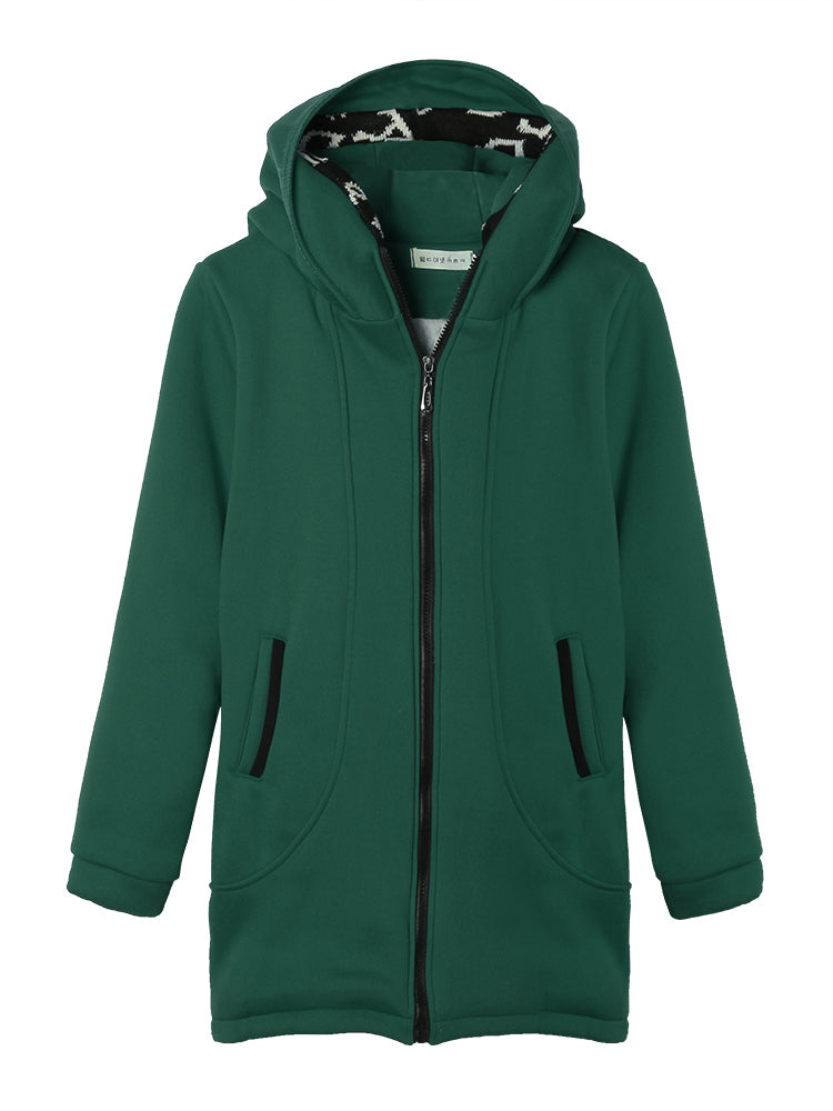 Slim Velvet Patchwork Pocket Long Zipper Hood Coat
