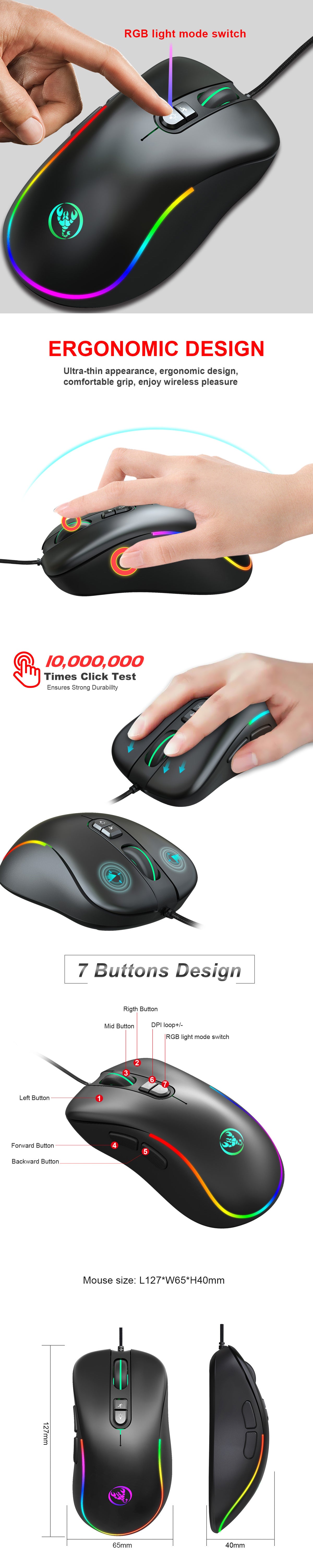 HXSJ J300 Wired Gaming Mouse 7 Button Macro Programming Mouse 6400DPI Colorful RGB Backlight USB Wired Mouse