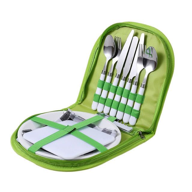 Outdoor Picnic Camping Tableware Fork Spoon Knife Bottle Opener Stainless Steel Foldable Pocket Tableware Set Hike Kitchen Tools