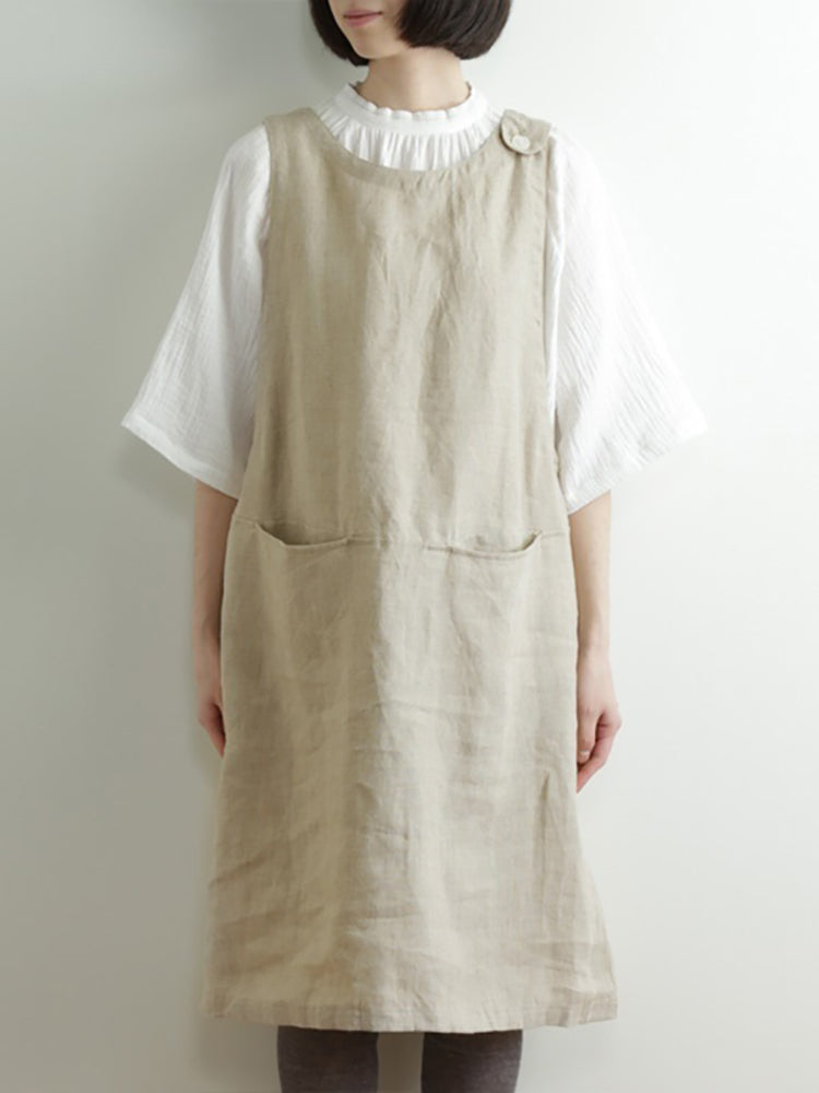 Women Solid Color Cotton Japanese Style Apron Dress