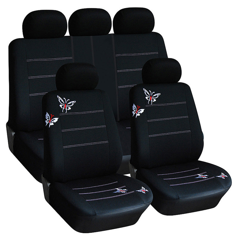 9Pcs Seasons Universal Car Seat Cover Black Embroidery Comfortable Breathable