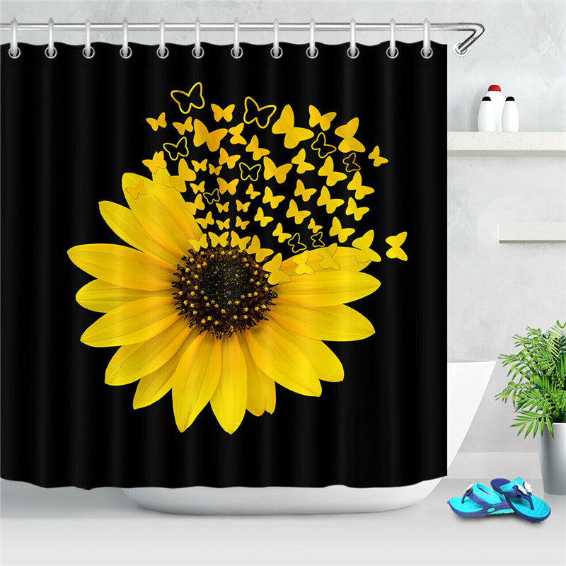 Sunflower Butterfly Print Waterproof Bathroom Shower Curtain Toilet Cover  Carpet Toilet Mat Set Decor