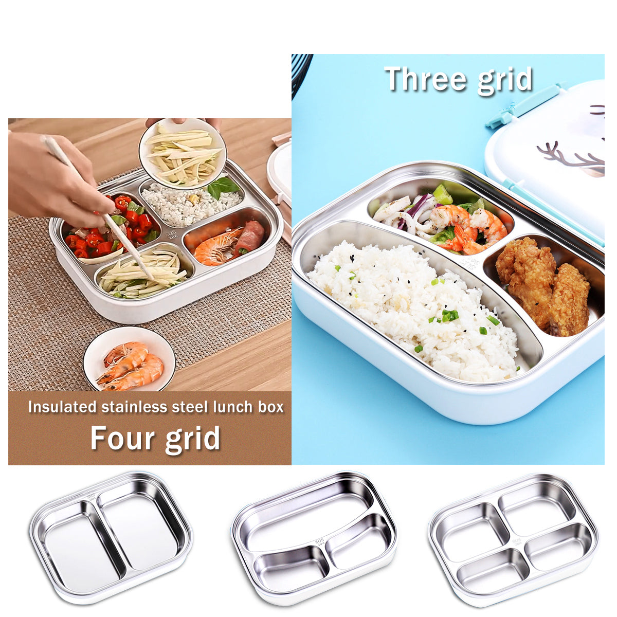 Outdoor Picnic Bento Box Stainless Steel Thermal Food Container Lunch Box 3/4 Grid Japanese Color Pattern