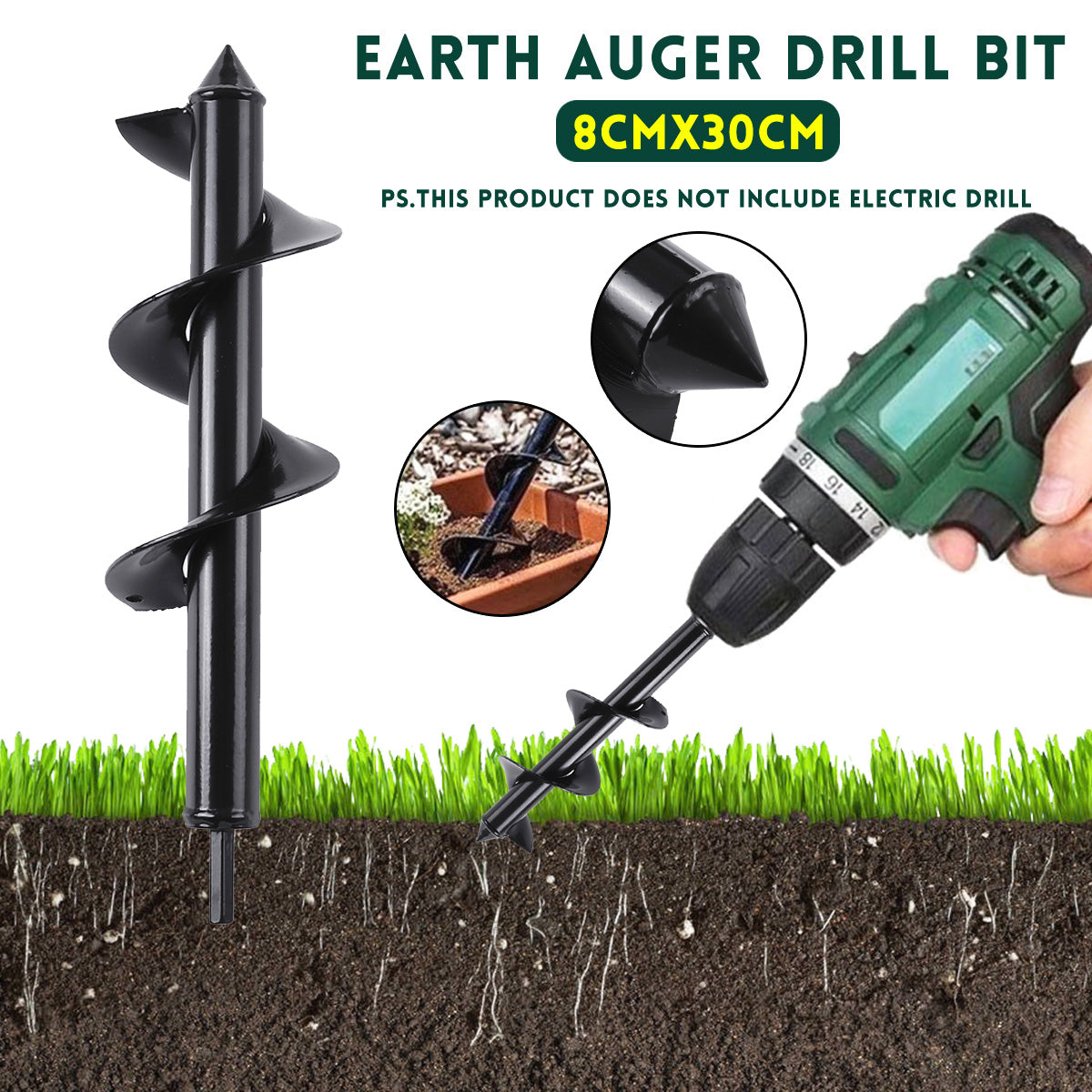 8x30cm Garden Auger Earth Planter Drill Post Hole Digger Earth Planting Drill for Electric Drill