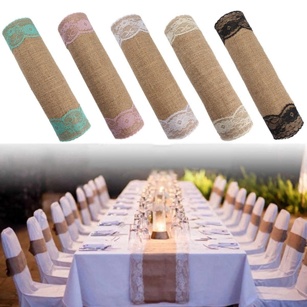 5 Colors Jute Rustic Burlap Lace Table Runner Wedding Party Banquet Decorations