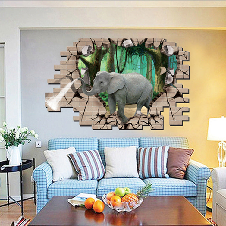 Creative Cartoon 3D Elephant PVC Broken Wall Sticker DIY Removable Decor Waterproof Wall Stickers Household Home Wall Sticker Poster Mural Decoration for Bedroom Living Room