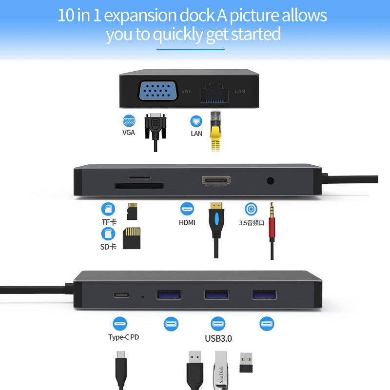 Blueendless 10 In 1 USB-C Hub Docking Station Adapter With 3 * USB 3.0 / 60W Type-C PD / 4K HD Display Video Output / 1080P VGA / RJ45 Network Port / 3.5mm Audio Jack / Memory Card Readers