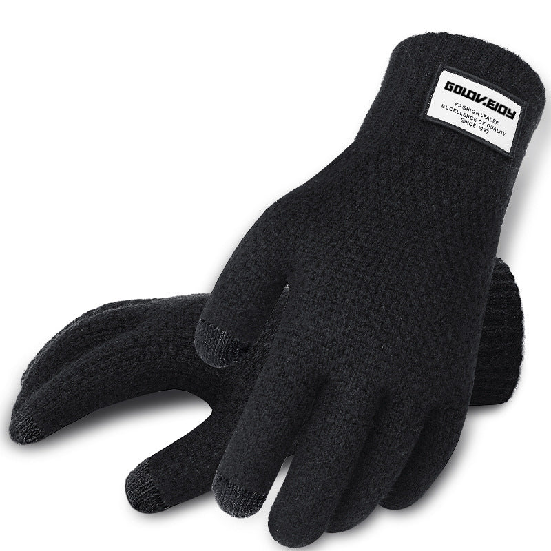 Men's autumn and winter knitted yarn driving outdoor plus velvet warm gloves