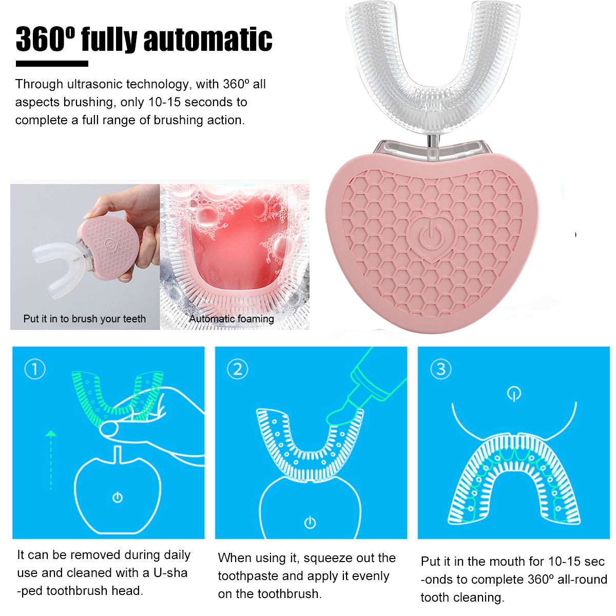 3 Modes Automatic Sonic Electric Toothbrush Wireless Rechargeable 360° Teeth Whitening Brush