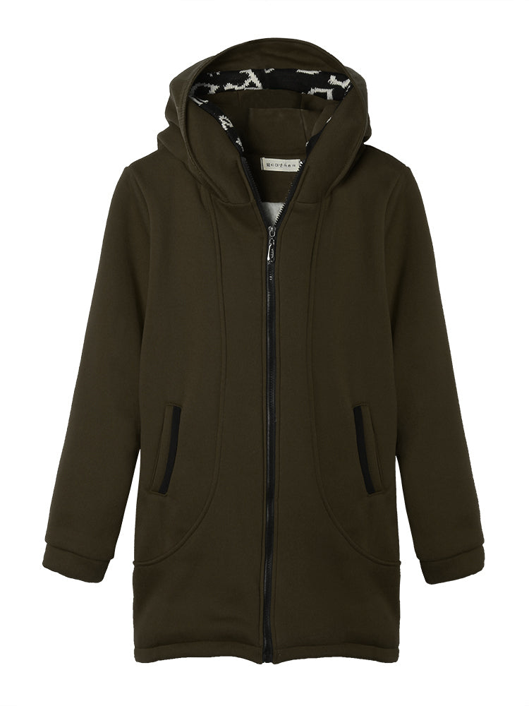 Slim Velvet Patchwork Pocket Long Zipper Hood Coat