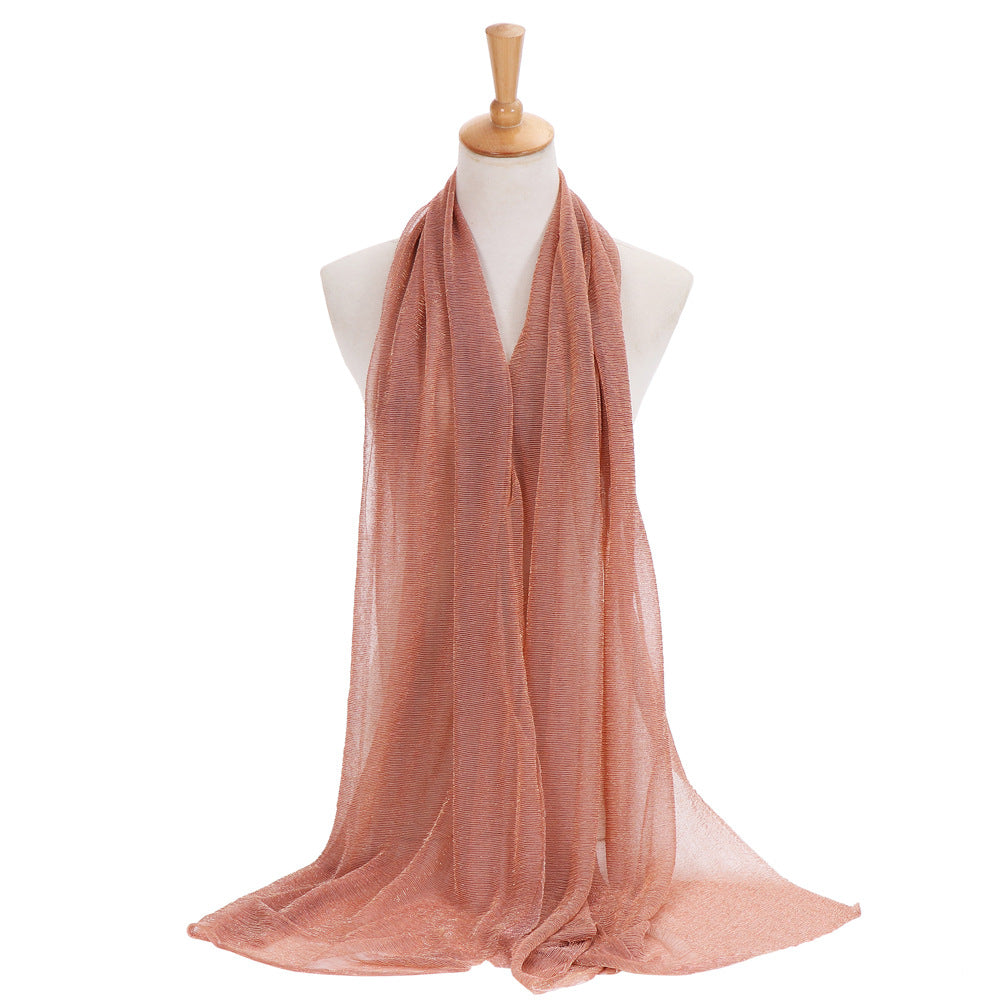 Women Solid Color Bright Silk Pleated Long Scarf Headscarf