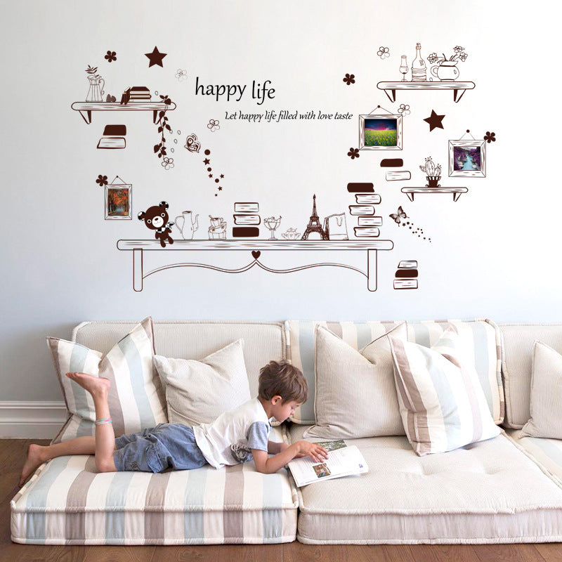 Cartoon Desk Photo Frame Kids Bedroom Wall Sticker Bear And Stars DIY Quote Happy Life Art Decal
